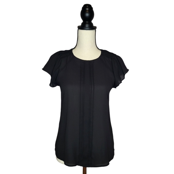 Worthington women's black semi sheer front pleated cap flutter sleeve top sz PXS - Picture 1 of 11